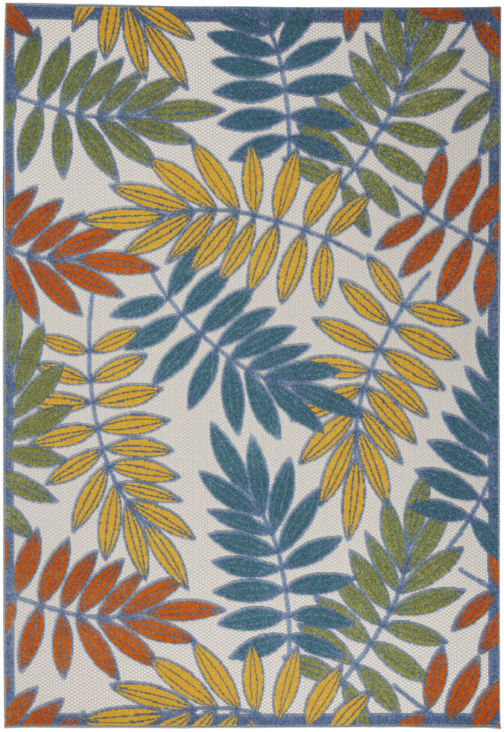6' X 9' Ivory Blue Orange And Green Botanical Leaves Indoor Outdoor Area Rug Homeroots Outdoor
