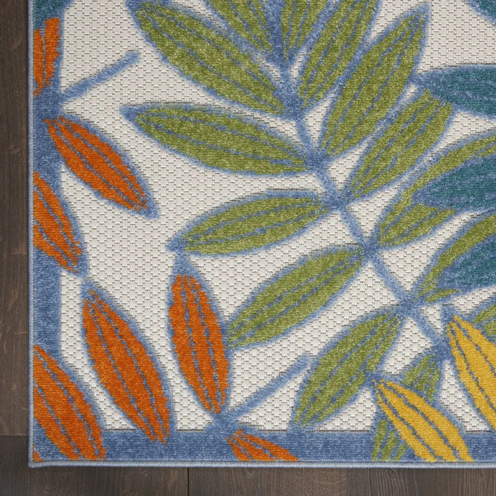 6' X 9' Ivory Blue Orange And Green Botanical Leaves Indoor Outdoor Area Rug Homeroots Outdoor