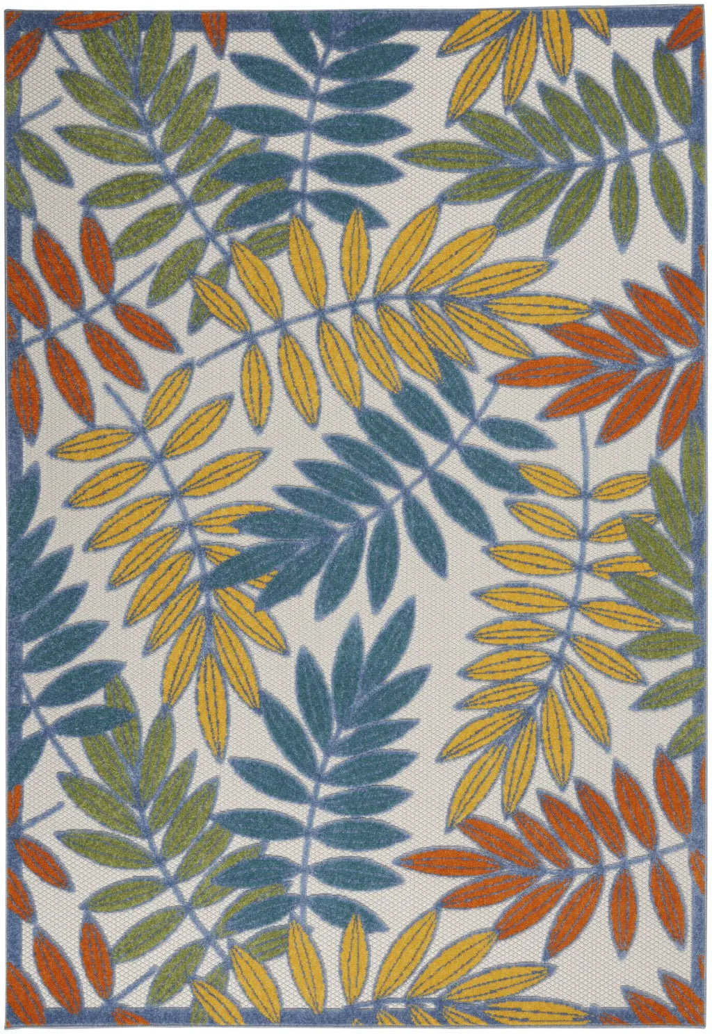 6' X 9' Ivory Blue Orange And Green Botanical Leaves Indoor Outdoor Area Rug Homeroots Outdoor