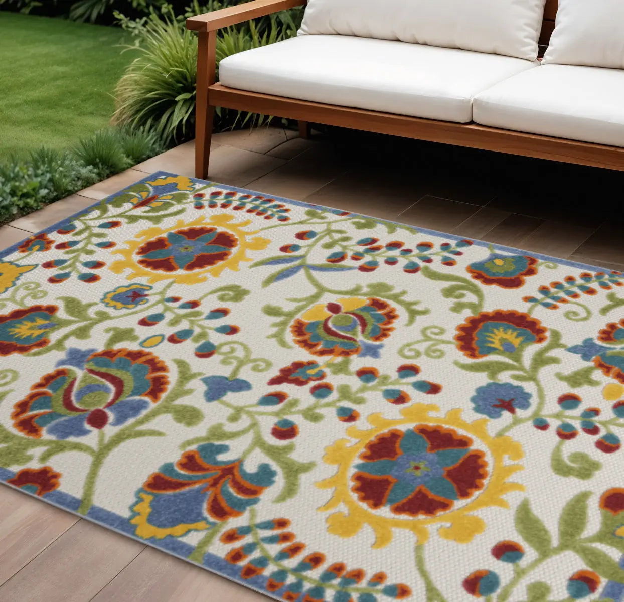 6' X 9' Ivory Green Red And Yellow Floral Indoor Outdoor Area Rug Homeroots Outdoor