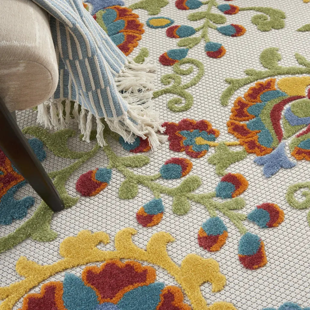6' X 9' Ivory Green Red And Yellow Floral Indoor Outdoor Area Rug Homeroots Outdoor