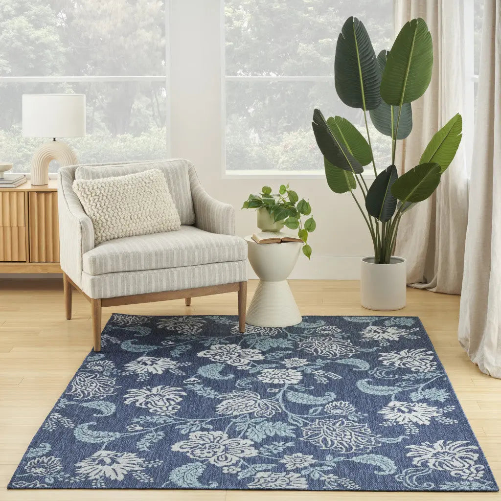6' X 9' Navy Blue And Ivory Floral Indoor Outdoor Area Rug Homeroots Outdoor