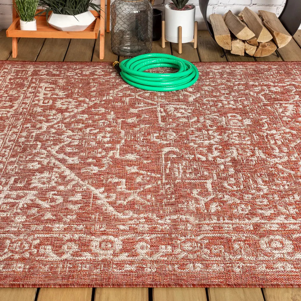6' X 9' Red And Taupe Medallion Indoor Outdoor Area Rug Homeroots Outdoor