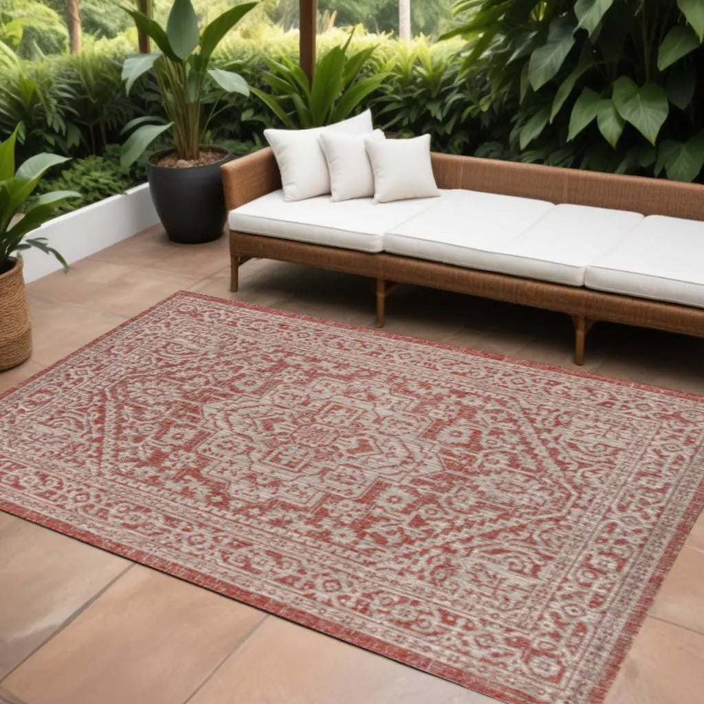 6' X 9' Red And Taupe Medallion Indoor Outdoor Area Rug Homeroots Outdoor