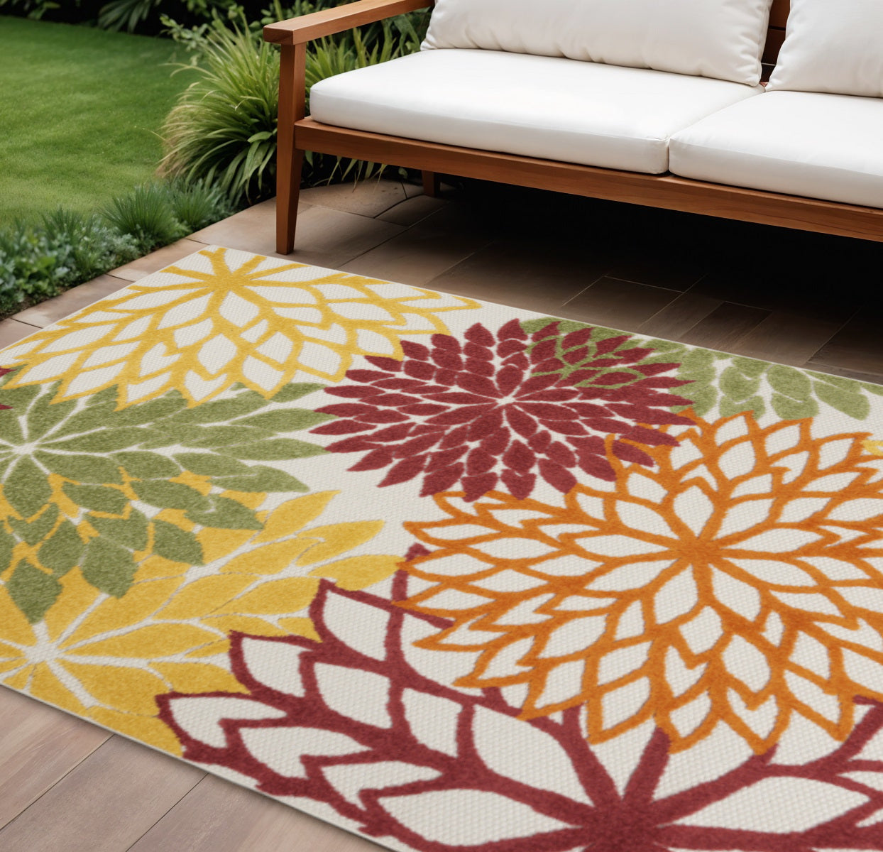 6' X 9' Red Yellow Green Orange And Ivory Floral Indoor Outdoor Area Rug Homeroots Outdoor