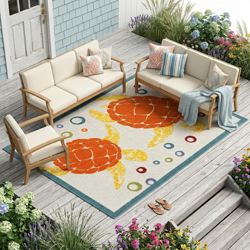 6' X 9' Teal And Orange Sea Turtle Indoor Outdoor Area Rug Homeroots Outdoor