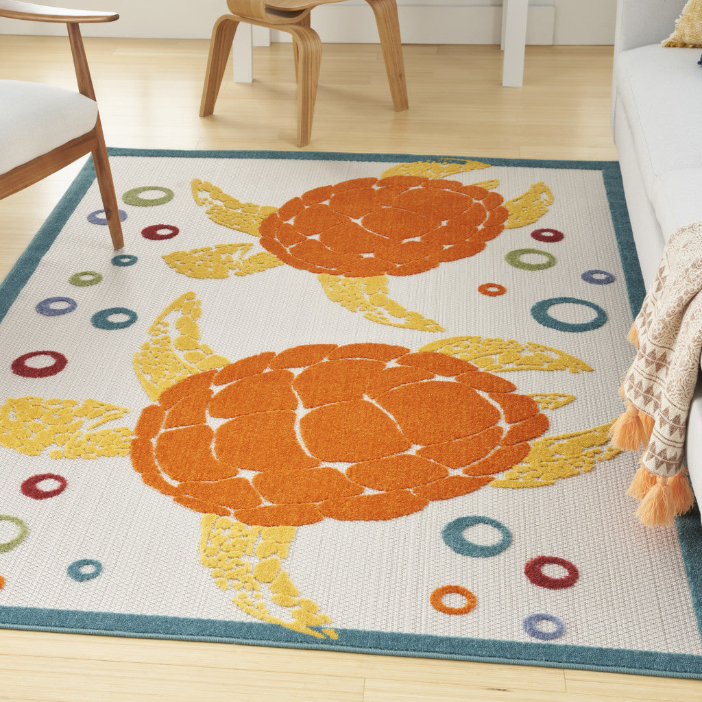6' X 9' Teal And Orange Sea Turtle Indoor Outdoor Area Rug Homeroots Outdoor