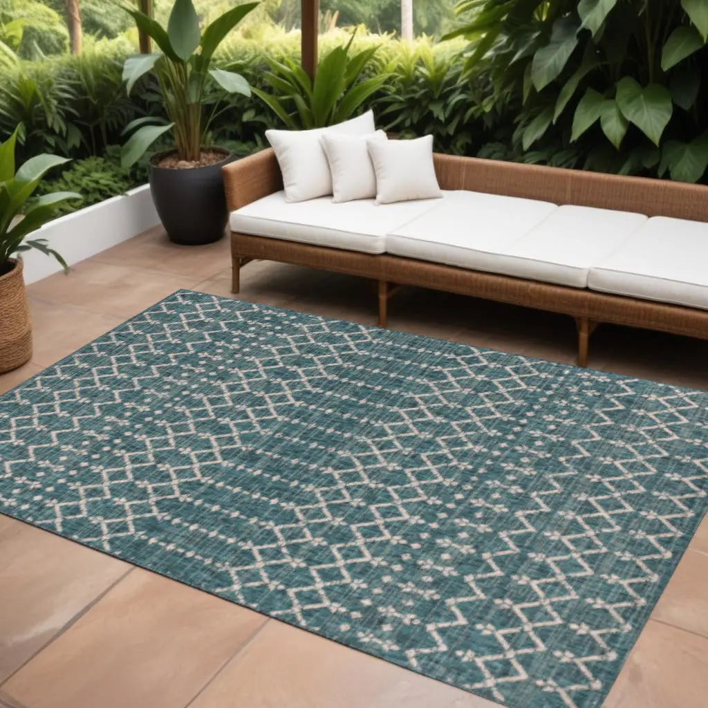 6' X 9' Teal Blue And Gray Trellis Indoor Outdoor Area Rug Homeroots Outdoor