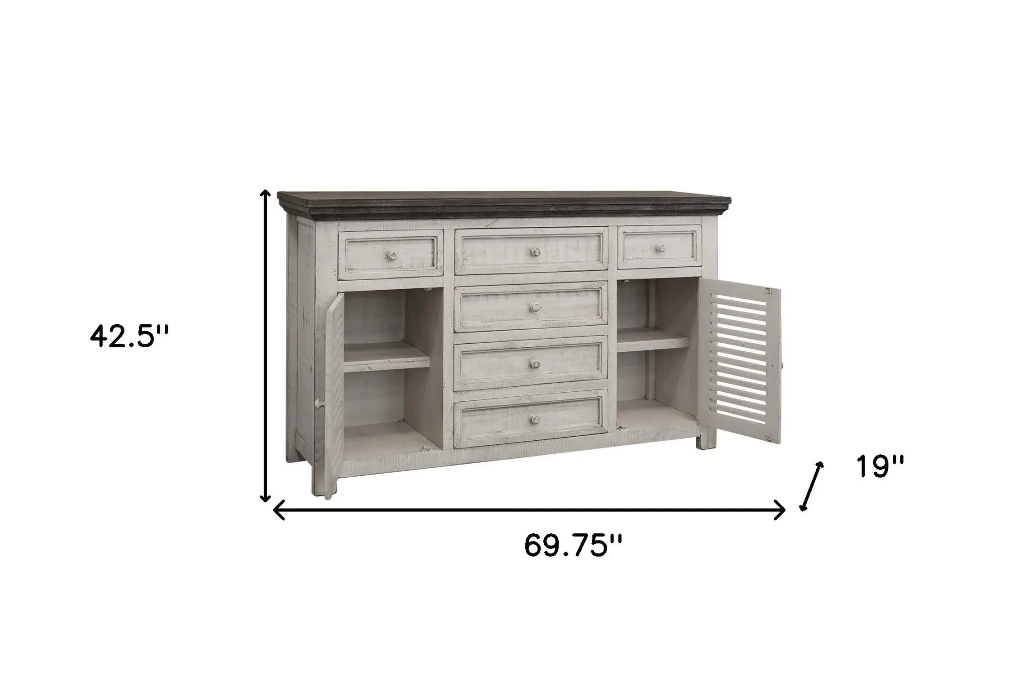 70" Antiqued White Solid and Manufactured Wood Distressed Buffet Table Homeroots Kitchen & Dining