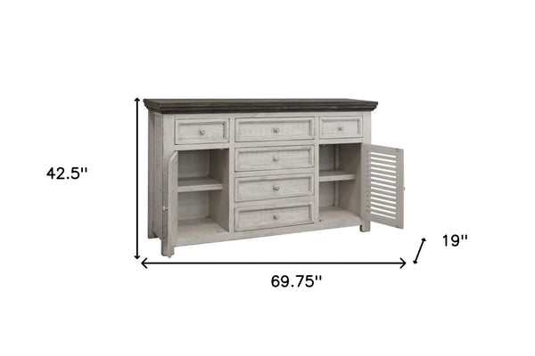 70" Antiqued White Solid and Manufactured Wood Distressed Buffet Table Homeroots Kitchen & Dining