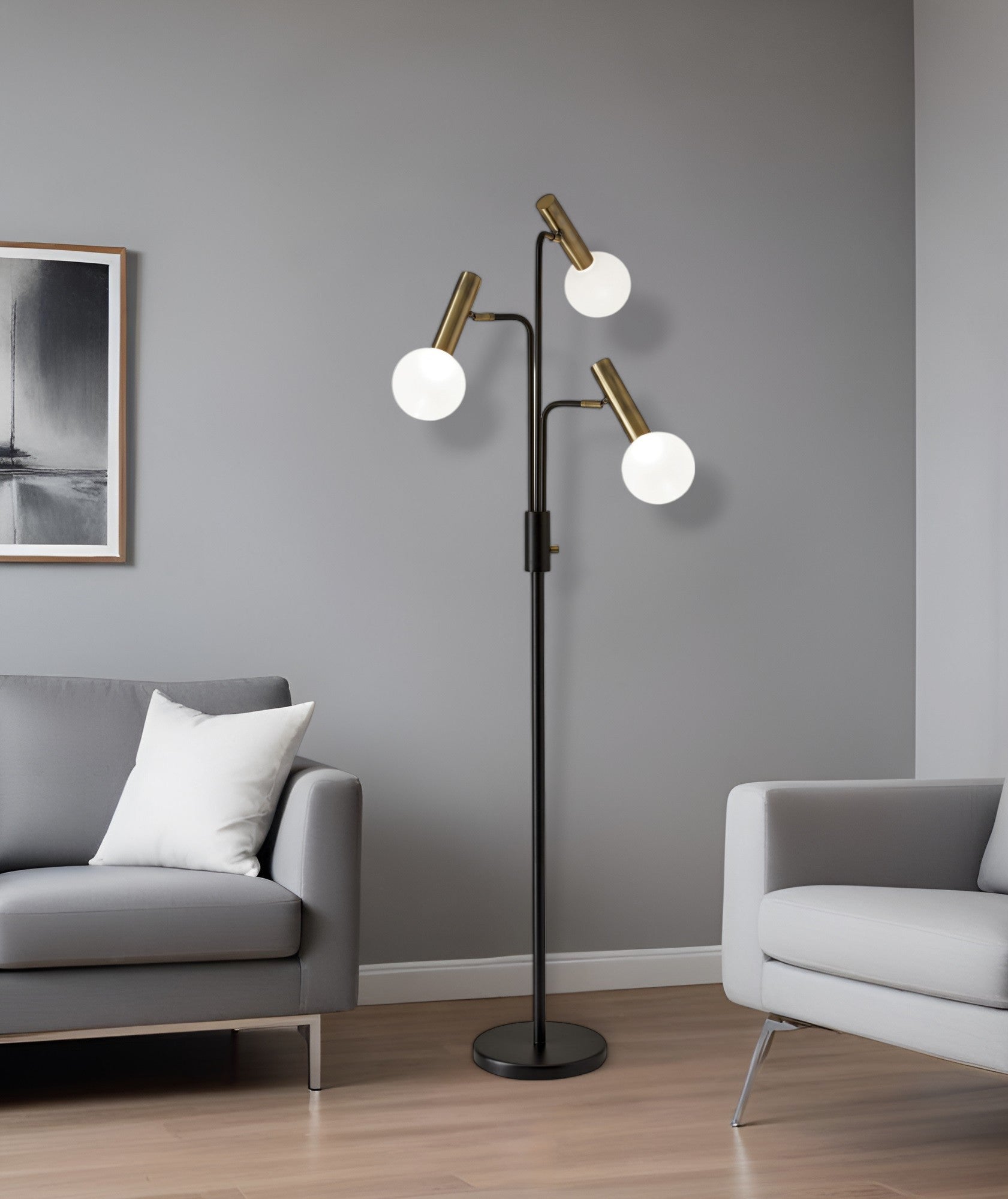 70" Black And Bronze Three Light LED Tree Floor Lamp With White - GreatEagleInc