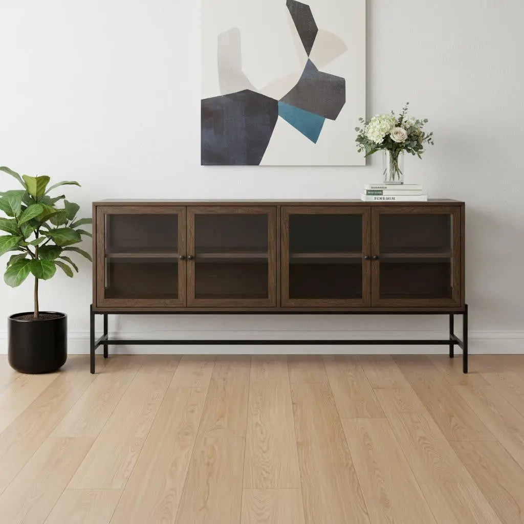 70" Black And Brown Solid Wood Sideboard Soft Close with Four Glass Doors Homeroots Kitchen & Dining