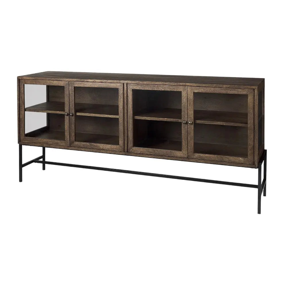 70" Black And Brown Solid Wood Sideboard Soft Close with Four Glass Doors Homeroots Kitchen & Dining