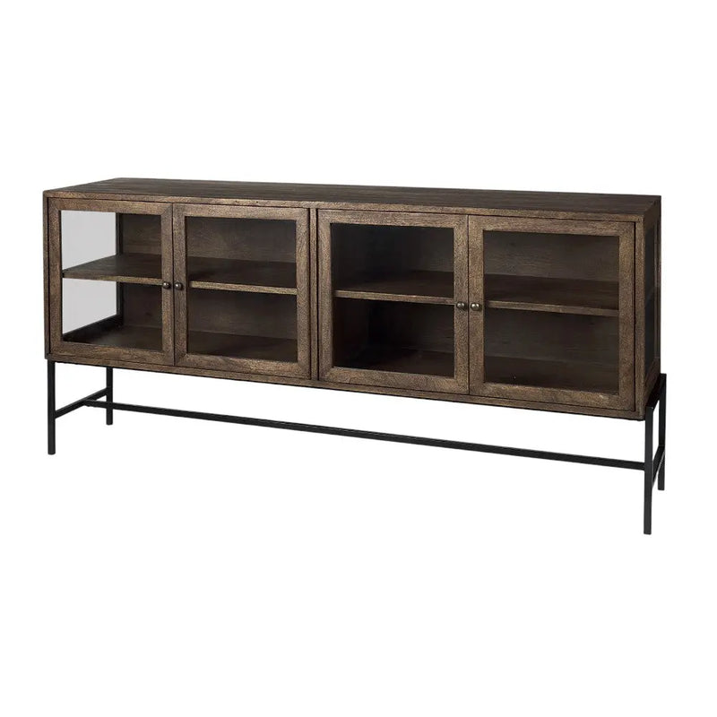 70" Black And Brown Solid Wood Sideboard Soft Close with Four Glass Doors Homeroots Kitchen & Dining