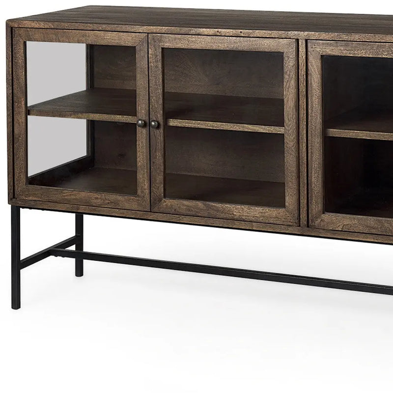 70" Black And Brown Solid Wood Sideboard Soft Close with Four Glass Doors Homeroots Kitchen & Dining