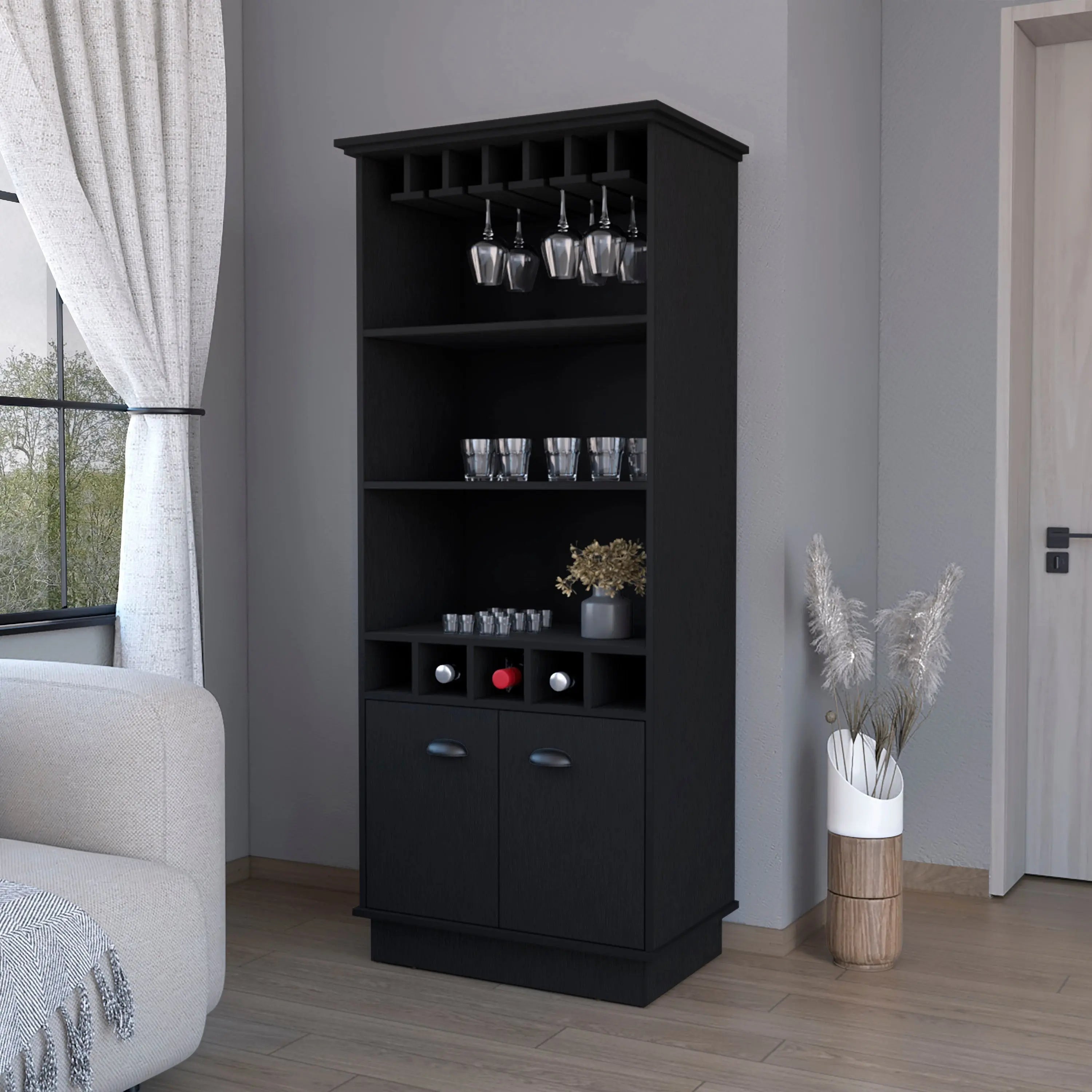 70" Black Wood Bar Cabinet With Two Doors Homeroots Kitchen & Dining