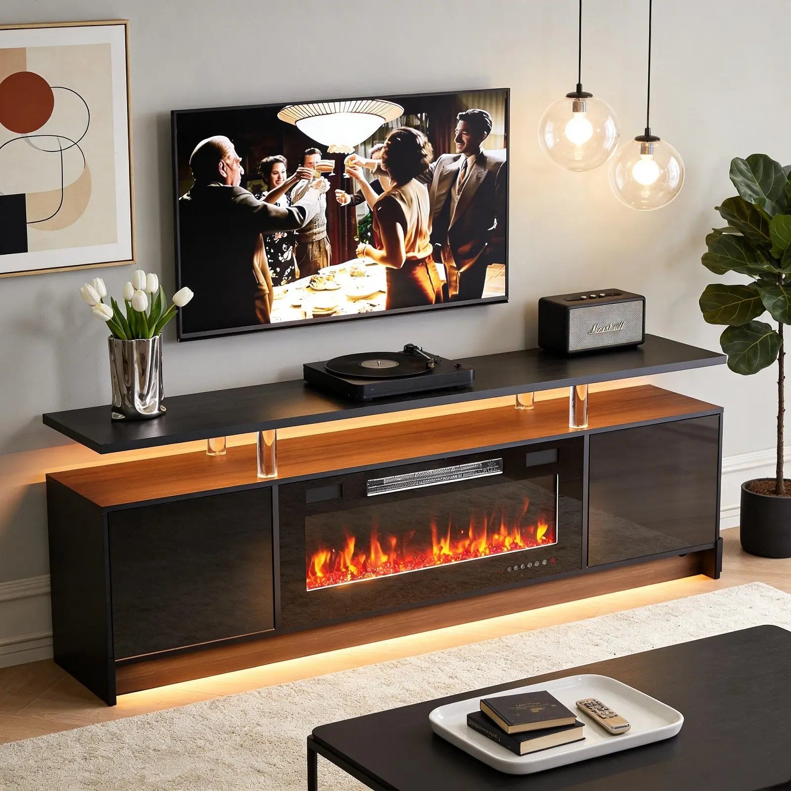 70" Black Wood Fireplace Entertainment Center With Fireplace Homeroots Living Room