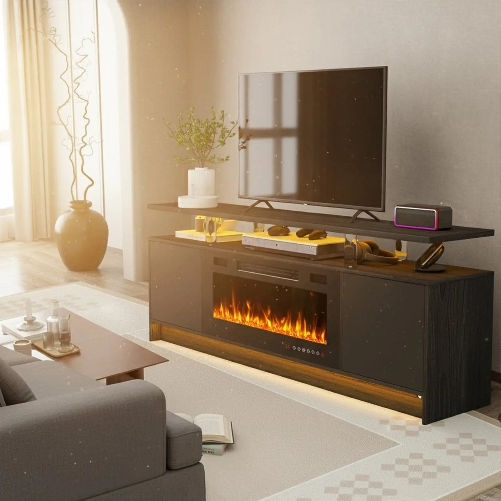 70" Black Wood Fireplace Entertainment Center With Fireplace Homeroots Living Room