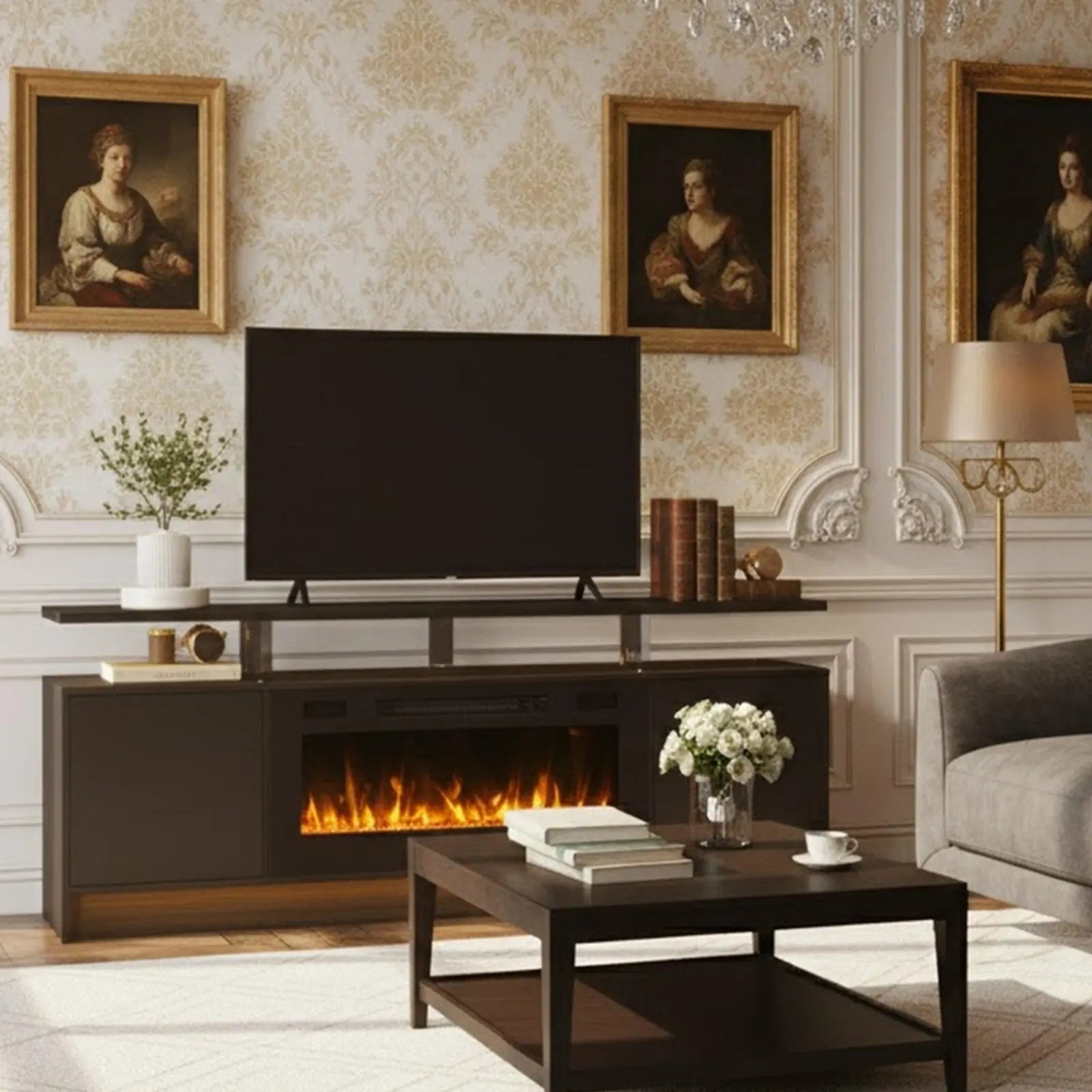 70" Black Wood Fireplace Entertainment Center With Fireplace Homeroots Living Room