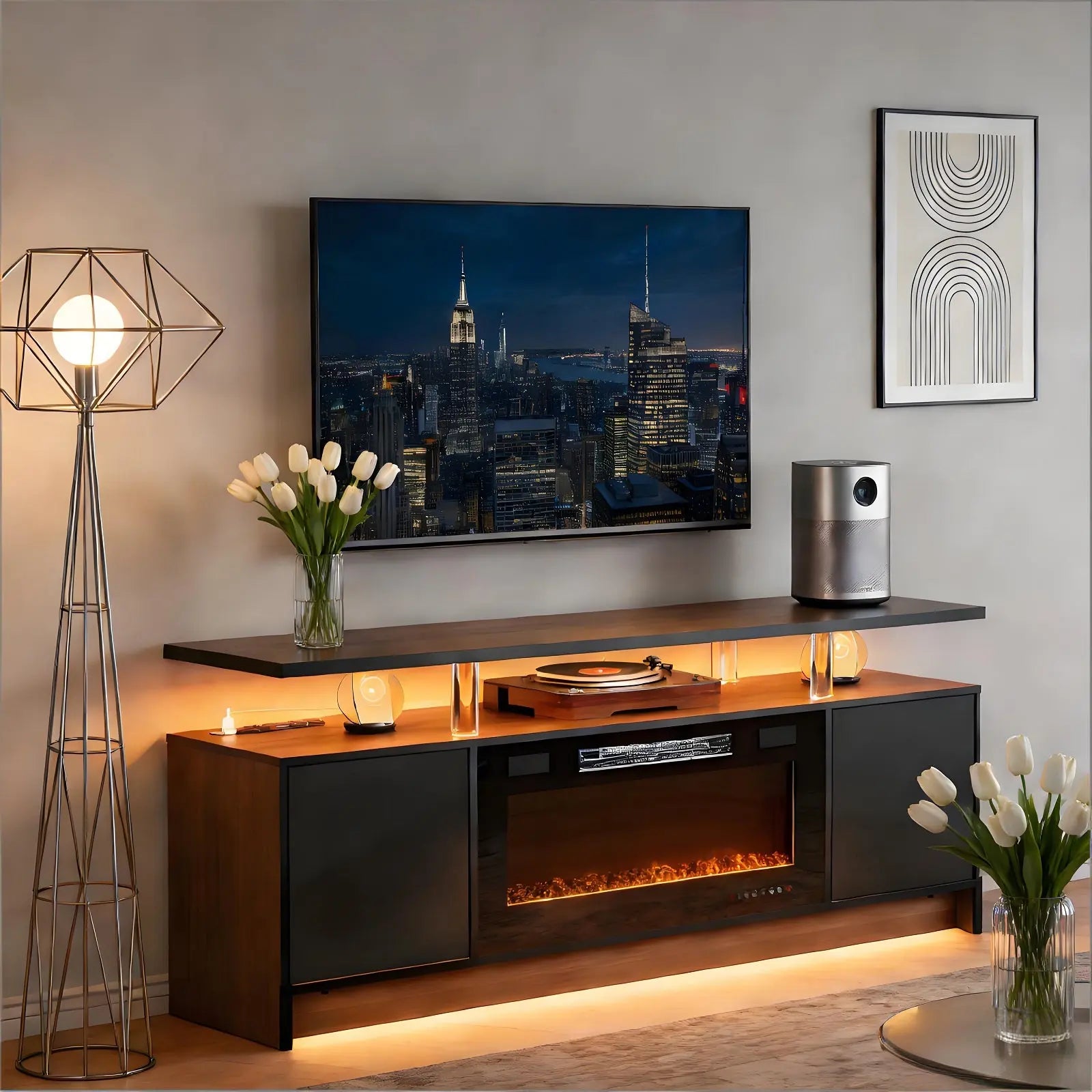 70" Black Wood Fireplace Entertainment Center With Fireplace Homeroots Living Room