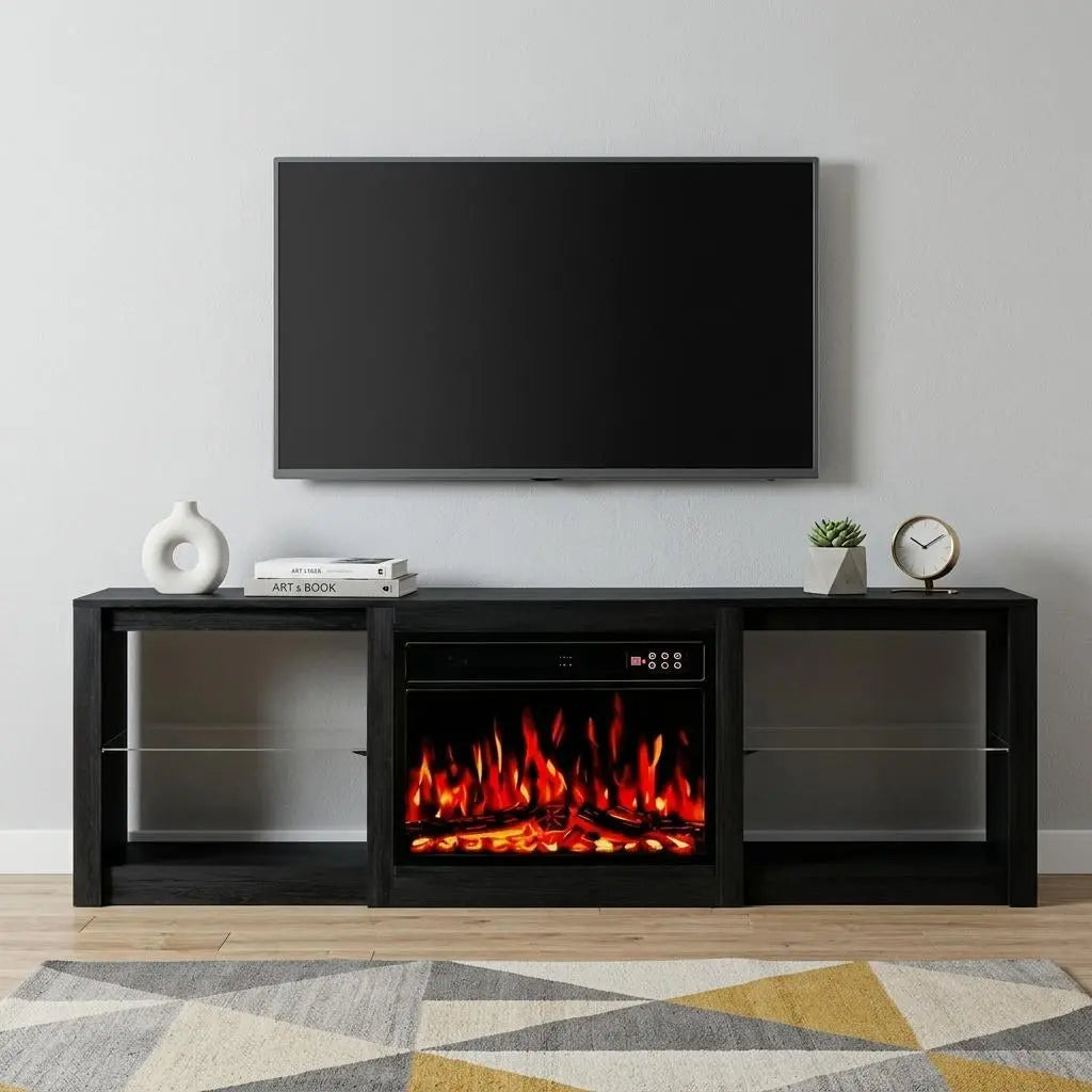 70" Black Wood Fireplace Entertainment Center With Fireplace Homeroots Living Room