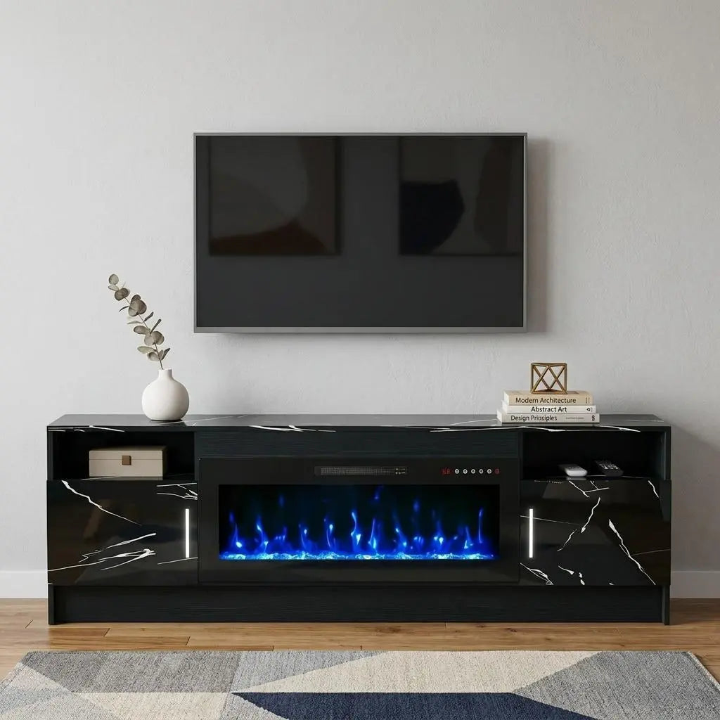 70" Black Wood Fireplace TV Stand With Fireplace Homeroots Living Room