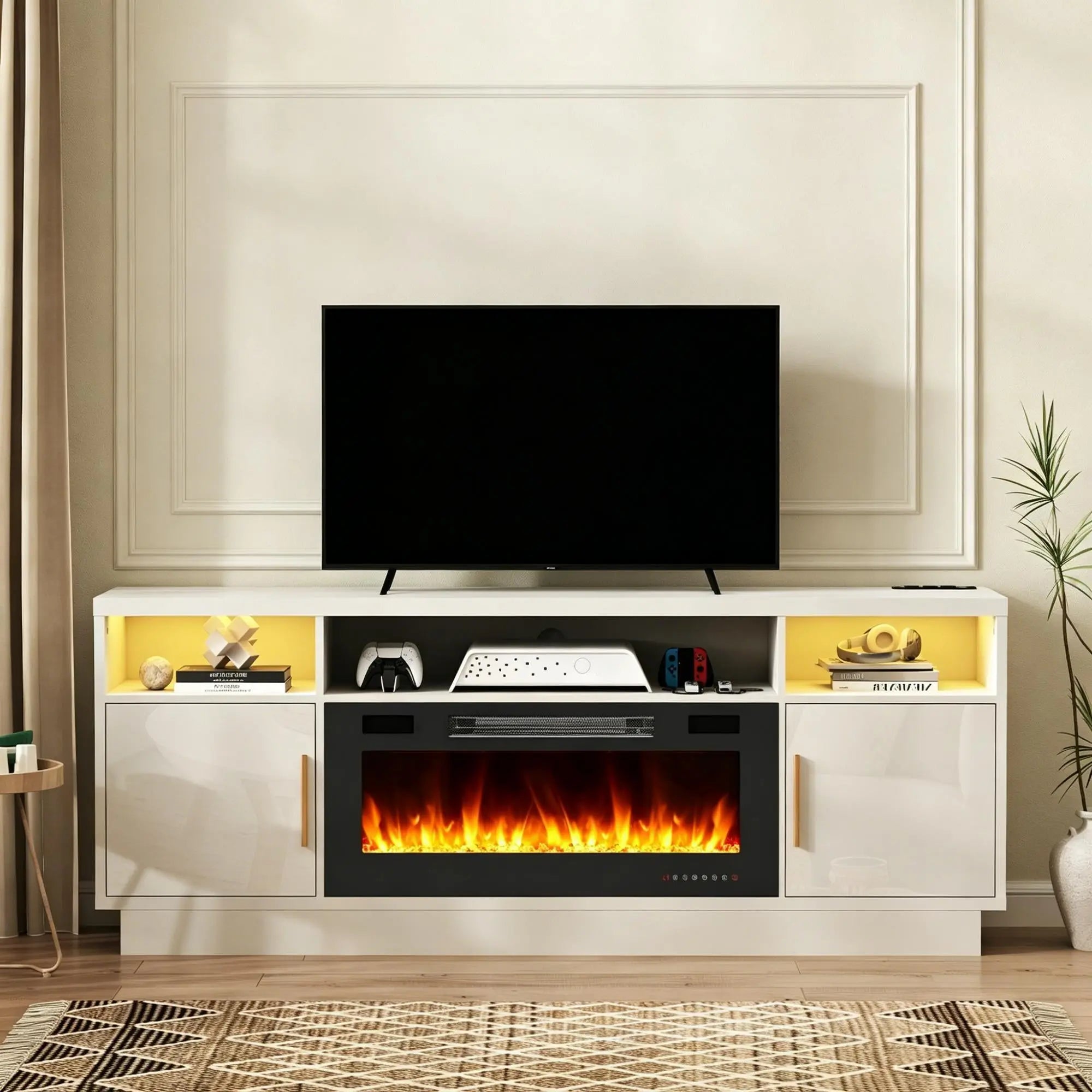 70" Black Wood Fireplace TV Stand With Fireplace Homeroots Living Room
