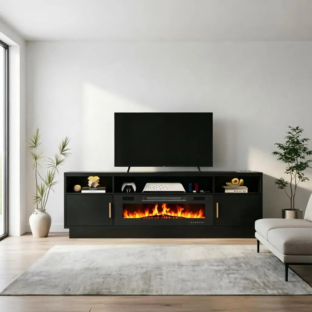 70" Black Wood Fireplace TV Stand With Fireplace Homeroots Living Room