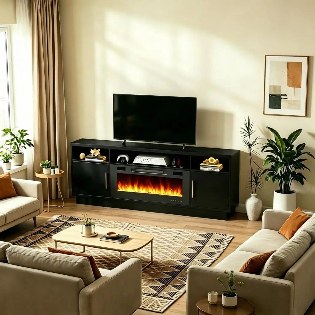70" Black Wood Fireplace TV Stand With Fireplace Homeroots Living Room
