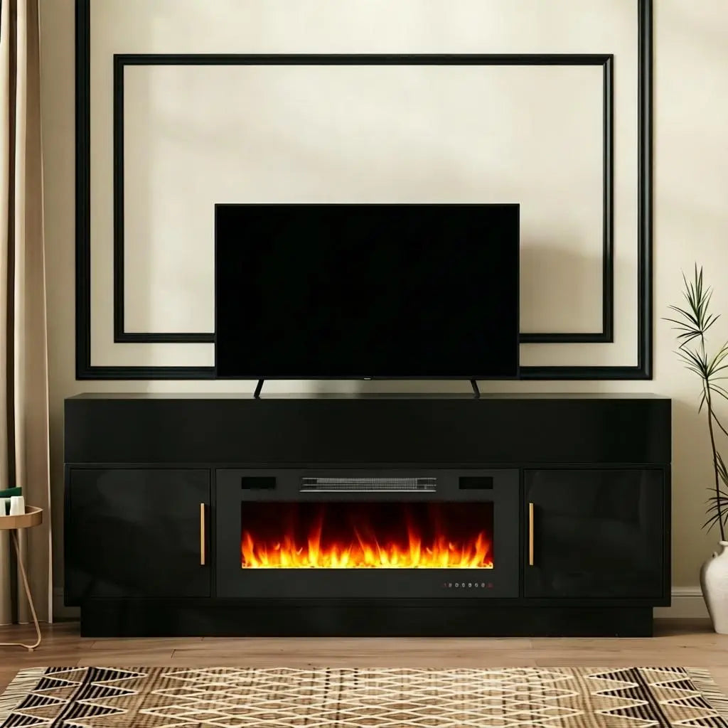 70" Black Wood Fireplace TV Stand With Fireplace Homeroots Living Room