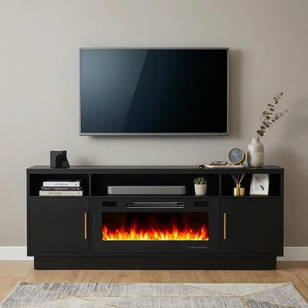 70" Black Wood Fireplace TV Stand With Fireplace Homeroots Living Room