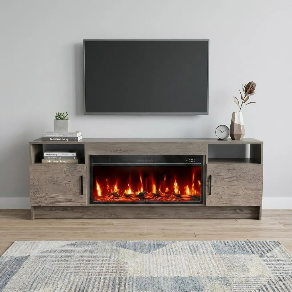 70" Black Wood Fireplace TV Stand With Fireplace Homeroots Living Room