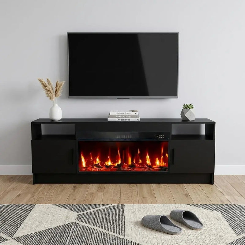 70" Black Wood Fireplace TV Stand With Fireplace Homeroots Living Room