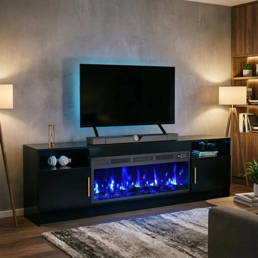 70" Black Wood Fireplace TV Stand With Fireplace Homeroots Living Room