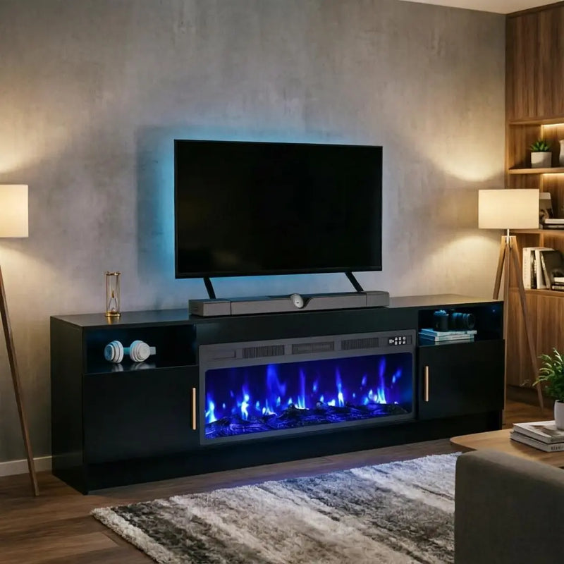 70" Black Wood Fireplace TV Stand With Fireplace Homeroots Living Room