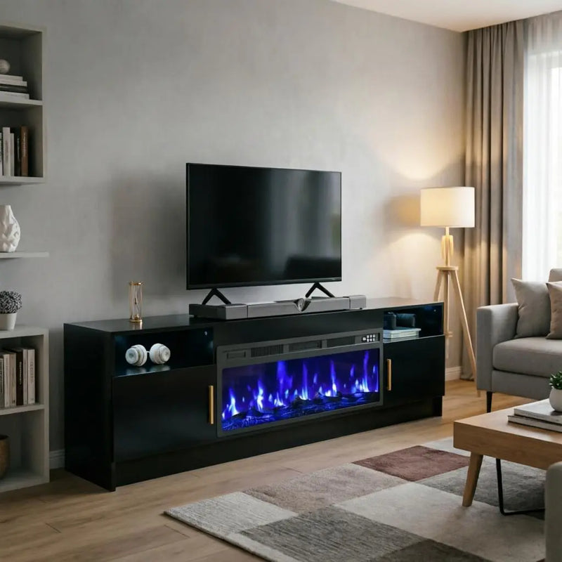 70" Black Wood Fireplace TV Stand With Fireplace Homeroots Living Room
