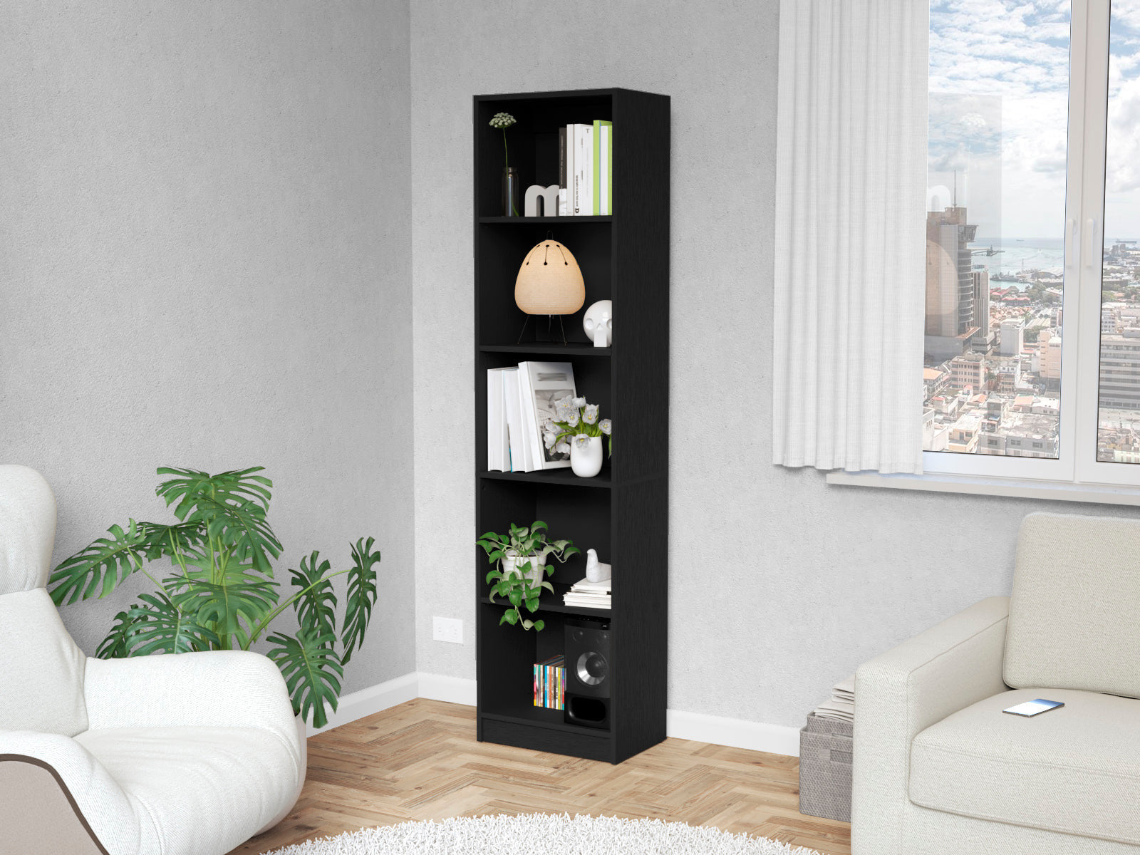 70" Black Wood Five Tier Bookcase - GreatEagleInc