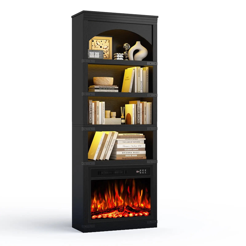 70" Black Wood Four Tier USB Bookcase Homeroots Office