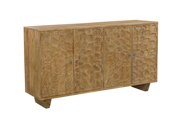 70" Brown Distressed Solid Wood Carved Floral Sideboard with Four Doors Homeroots Kitchen & Dining