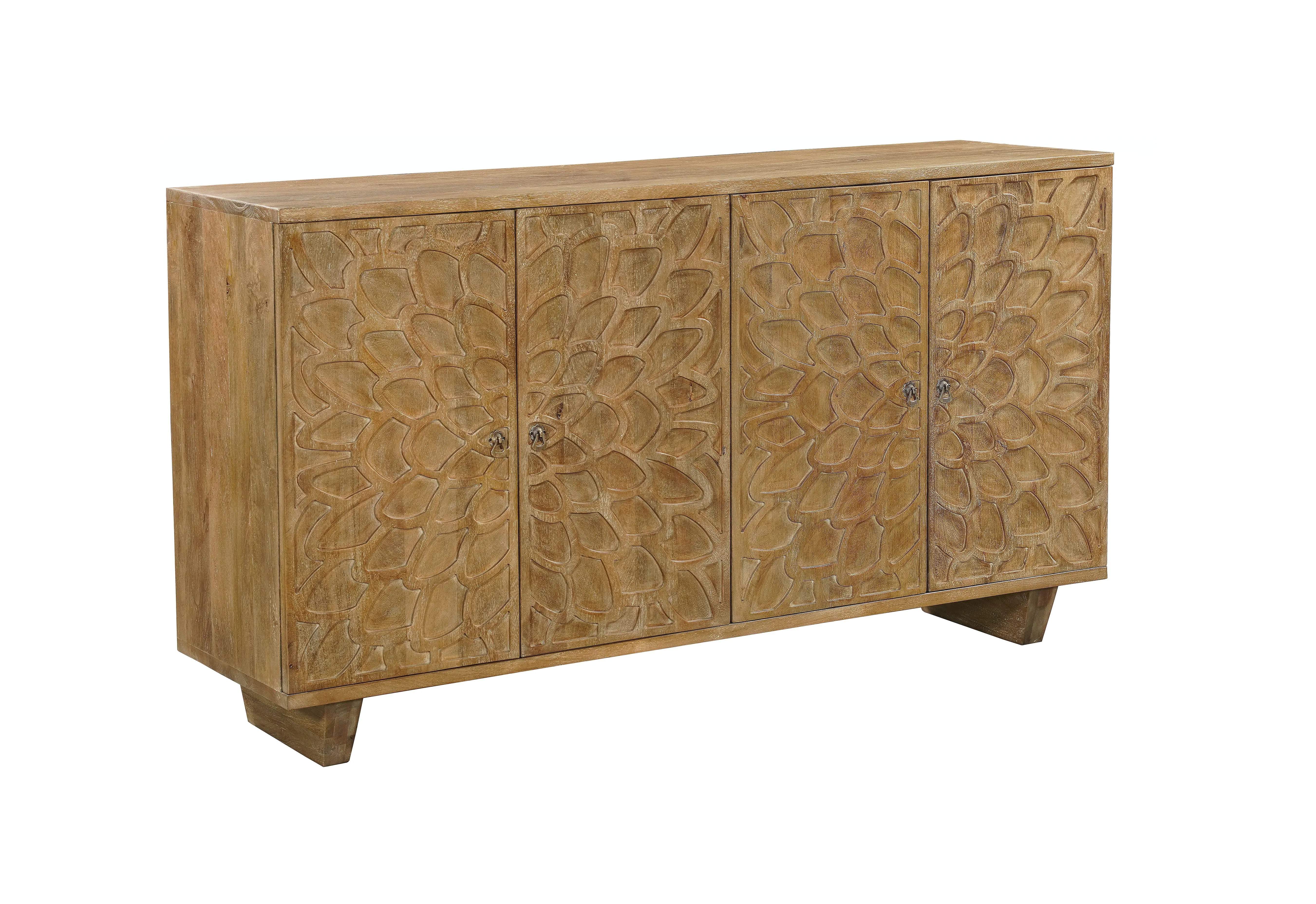 70" Brown Distressed Solid Wood Carved Floral Sideboard with Four Doors Homeroots Kitchen & Dining