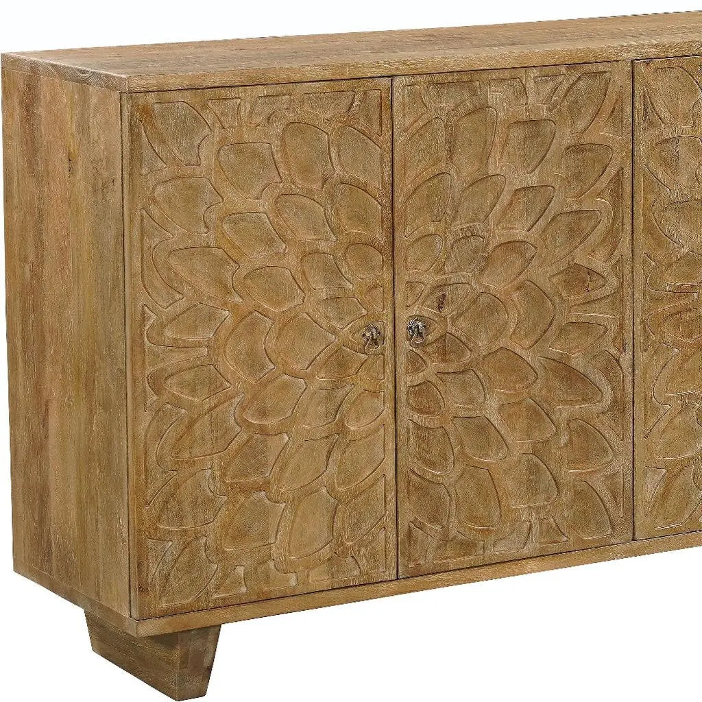 70" Brown Distressed Solid Wood Carved Floral Sideboard with Four Doors Homeroots Kitchen & Dining