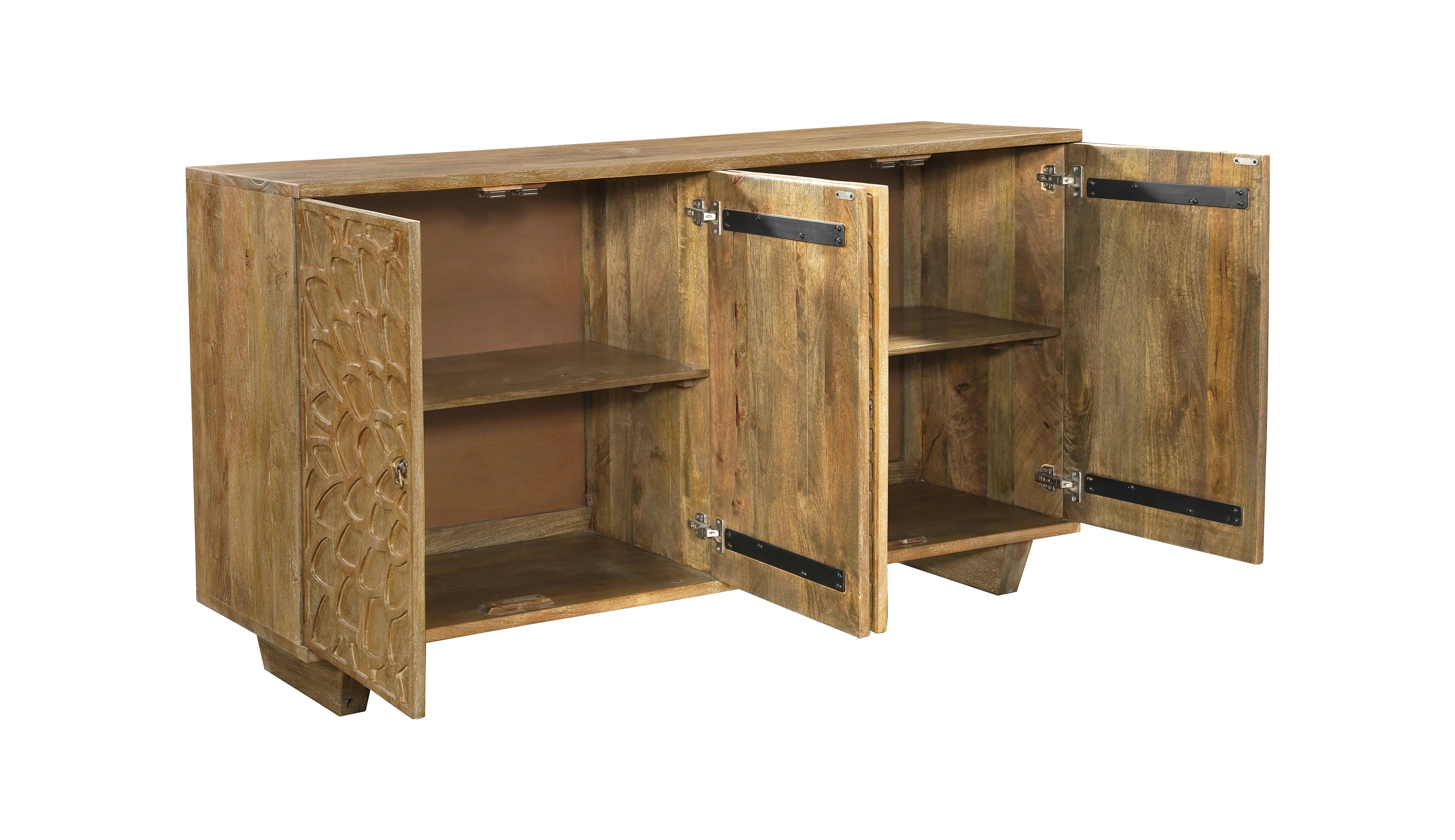 70" Brown Distressed Solid Wood Carved Floral Sideboard with Four Doors Homeroots Kitchen & Dining