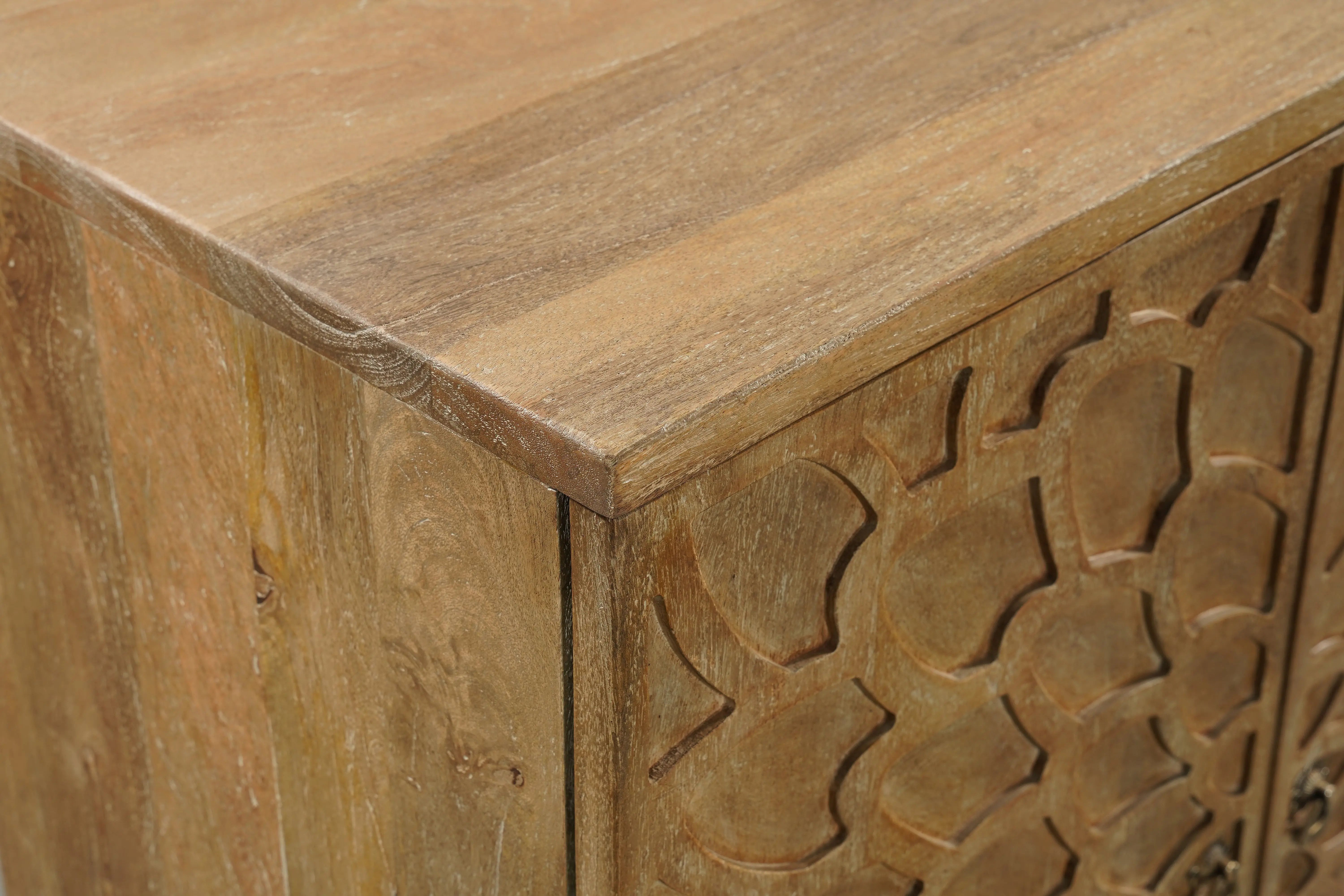 70" Brown Distressed Solid Wood Carved Floral Sideboard with Four Doors Homeroots Kitchen & Dining