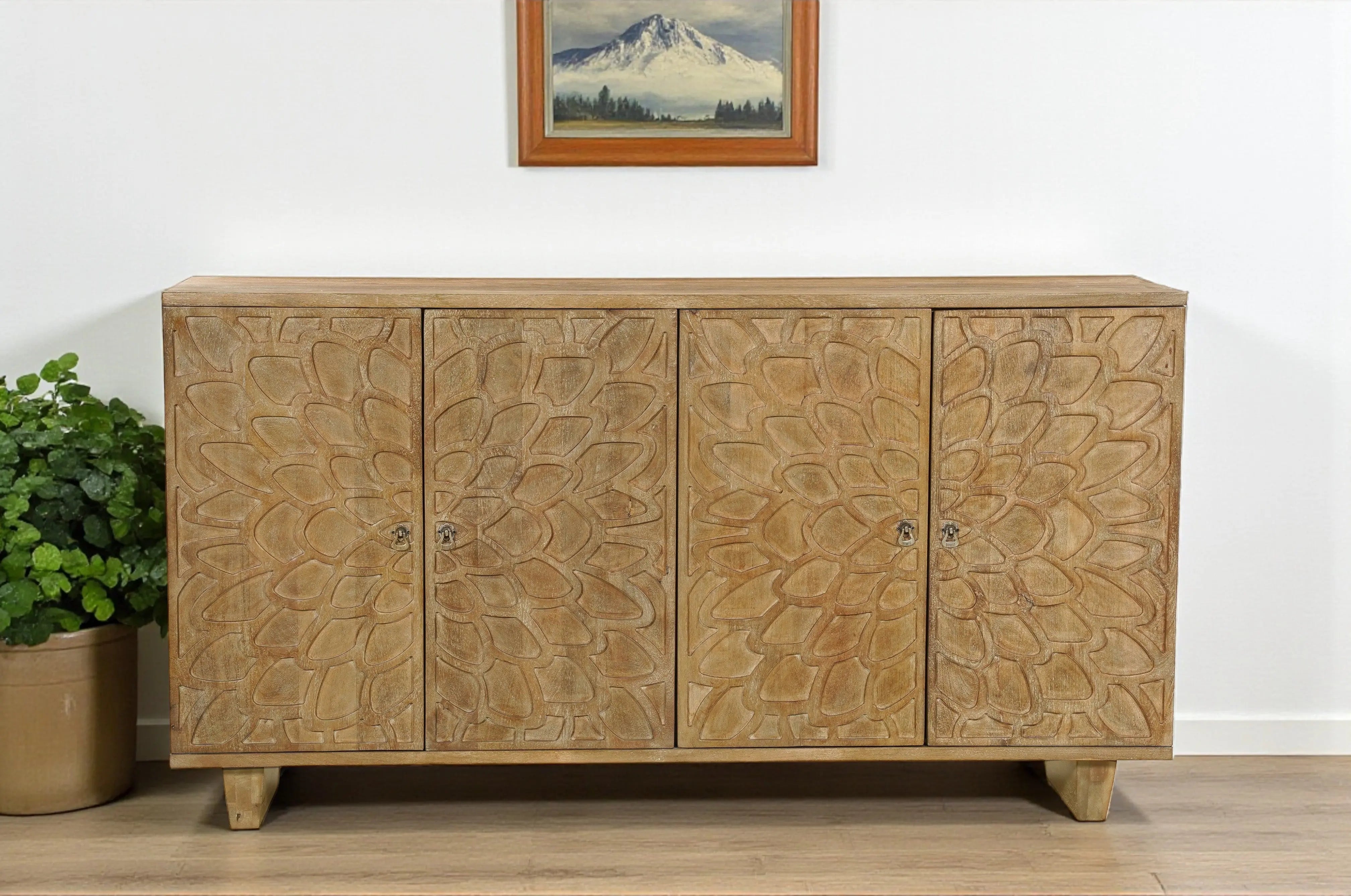70" Brown Distressed Solid Wood Carved Floral Sideboard with Four Doors Homeroots Kitchen & Dining