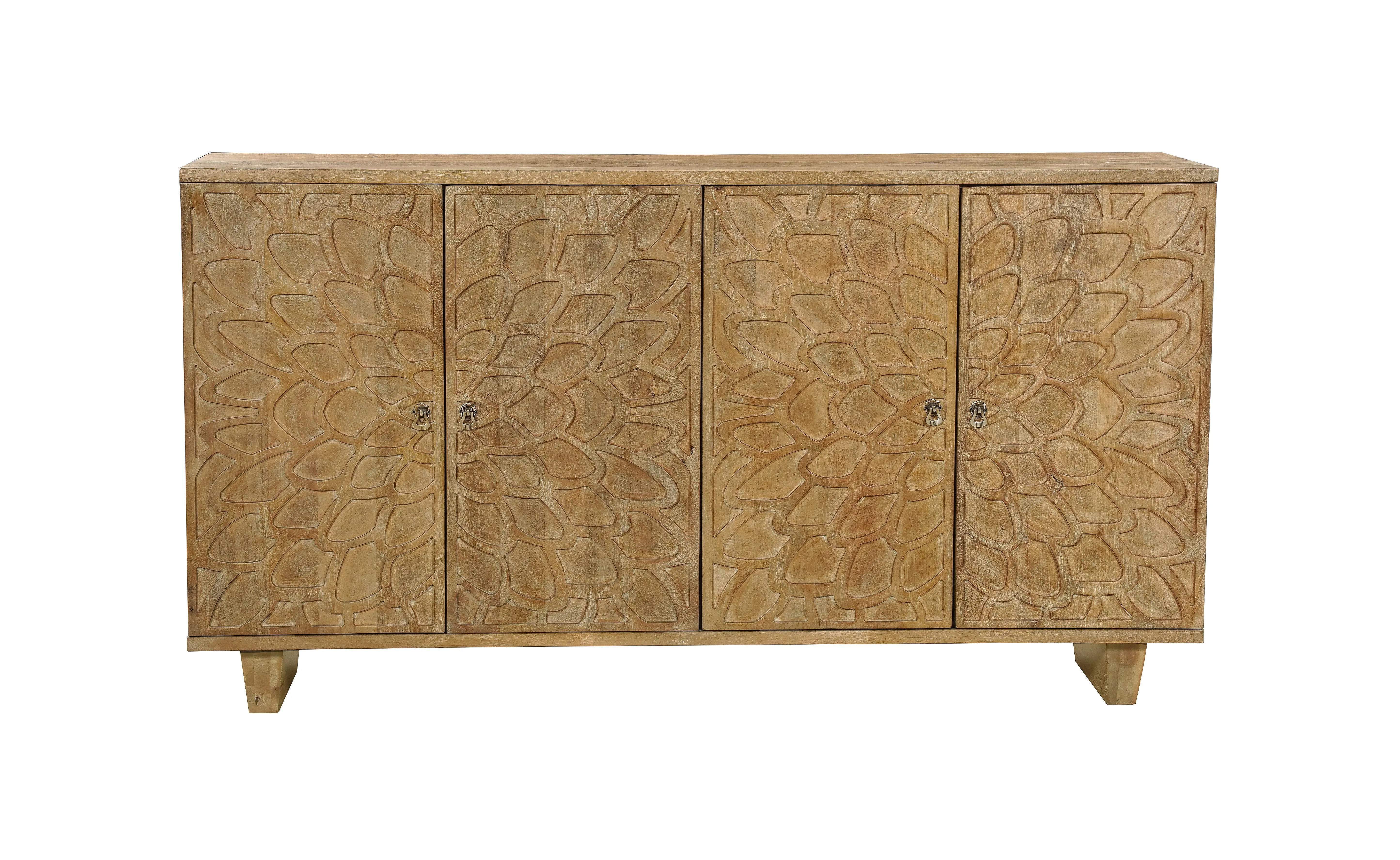 70" Brown Distressed Solid Wood Carved Floral Sideboard with Four Doors Homeroots Kitchen & Dining