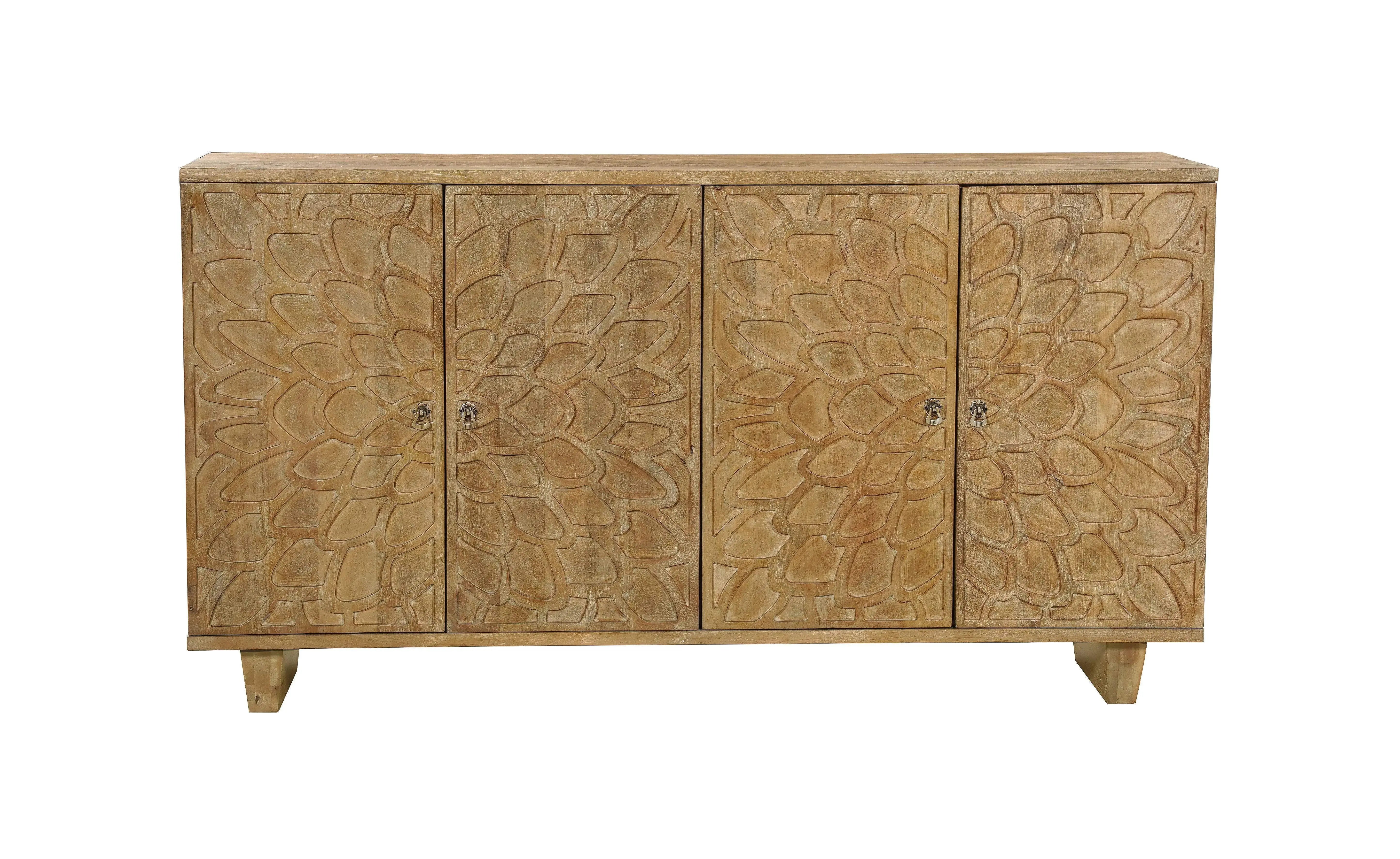 70" Brown Distressed Solid Wood Carved Floral Sideboard with Four Doors Homeroots Kitchen & Dining