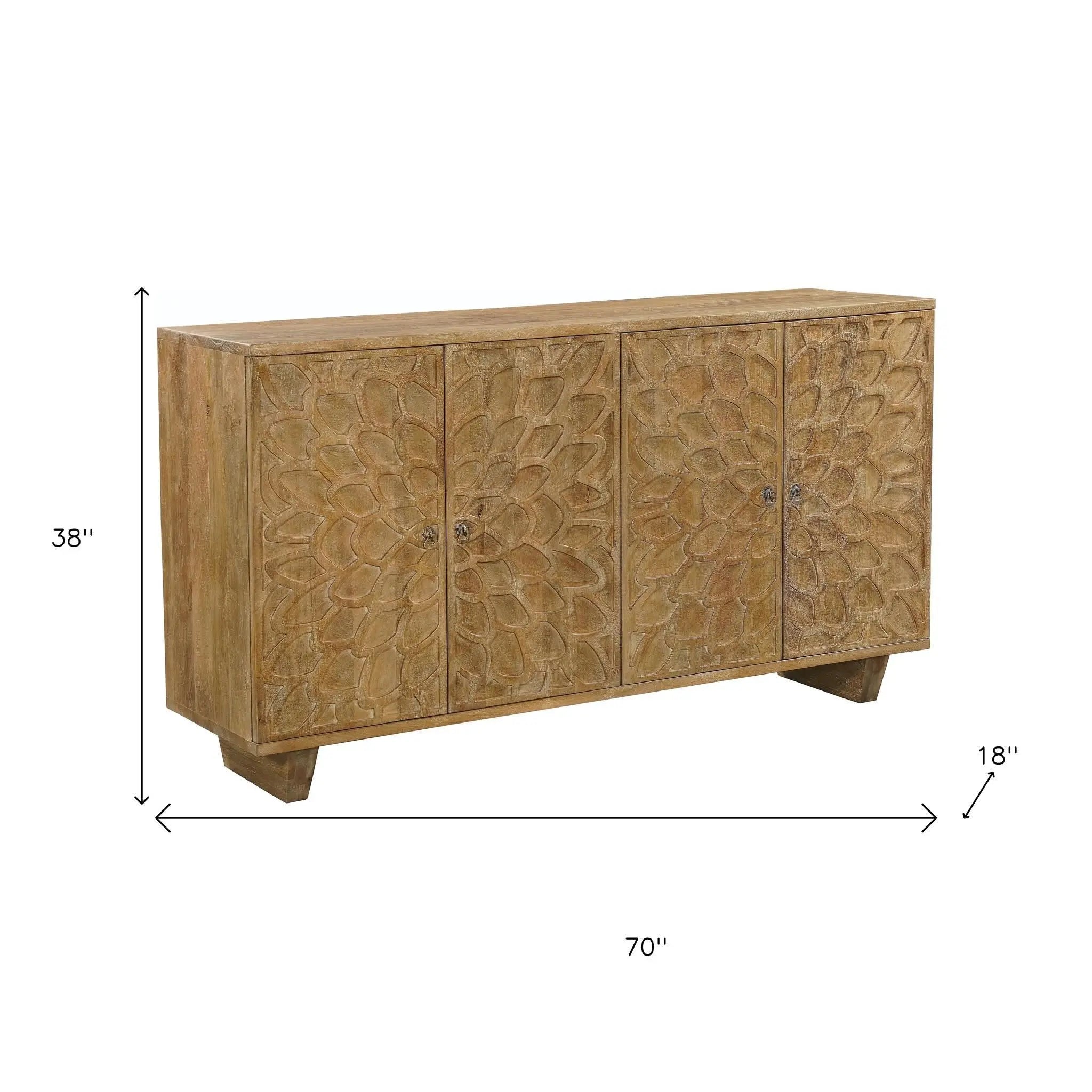 70" Brown Distressed Solid Wood Carved Floral Sideboard with Four Doors Homeroots Kitchen & Dining