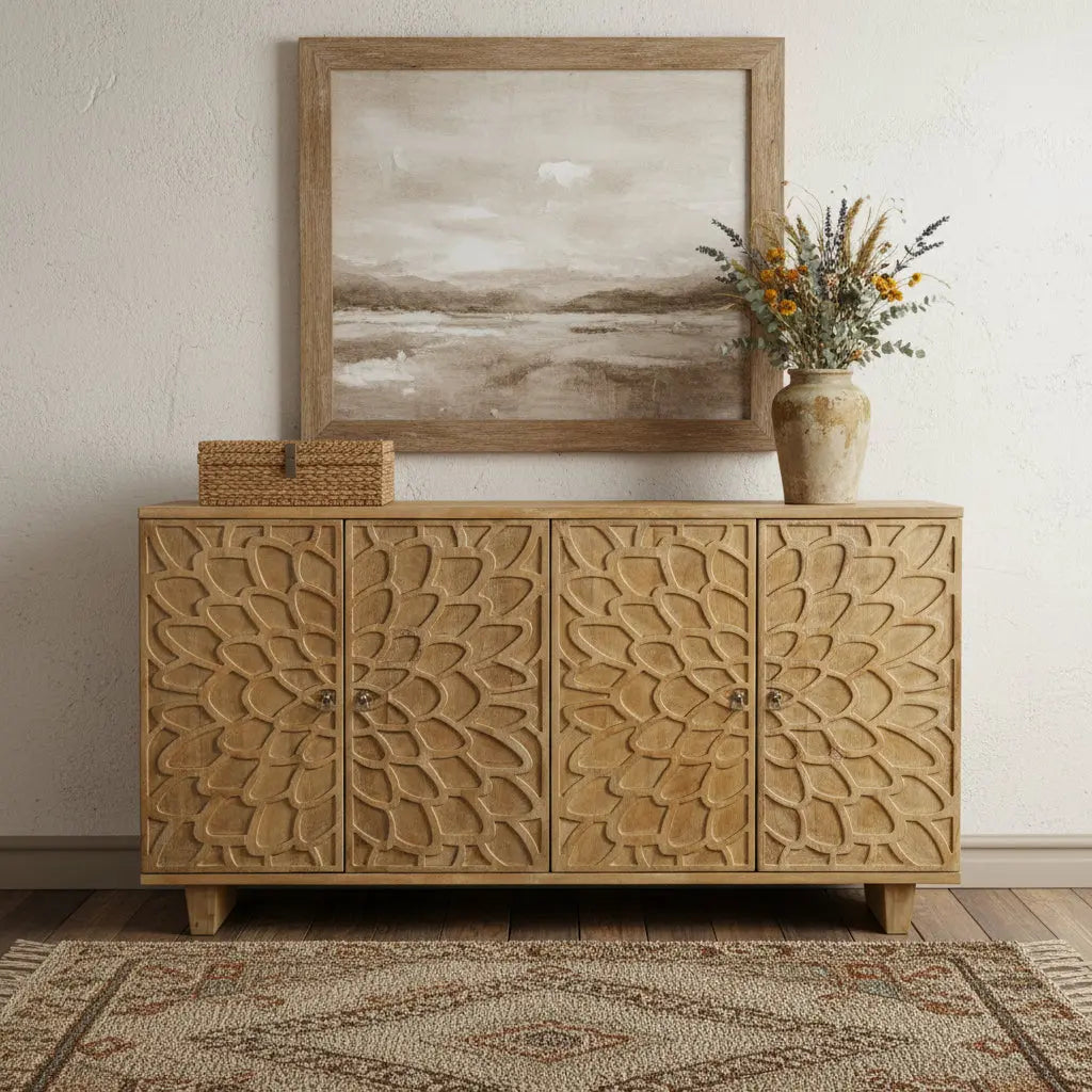 70" Brown Distressed Solid Wood Carved Floral Sideboard with Four Doors Homeroots Kitchen & Dining