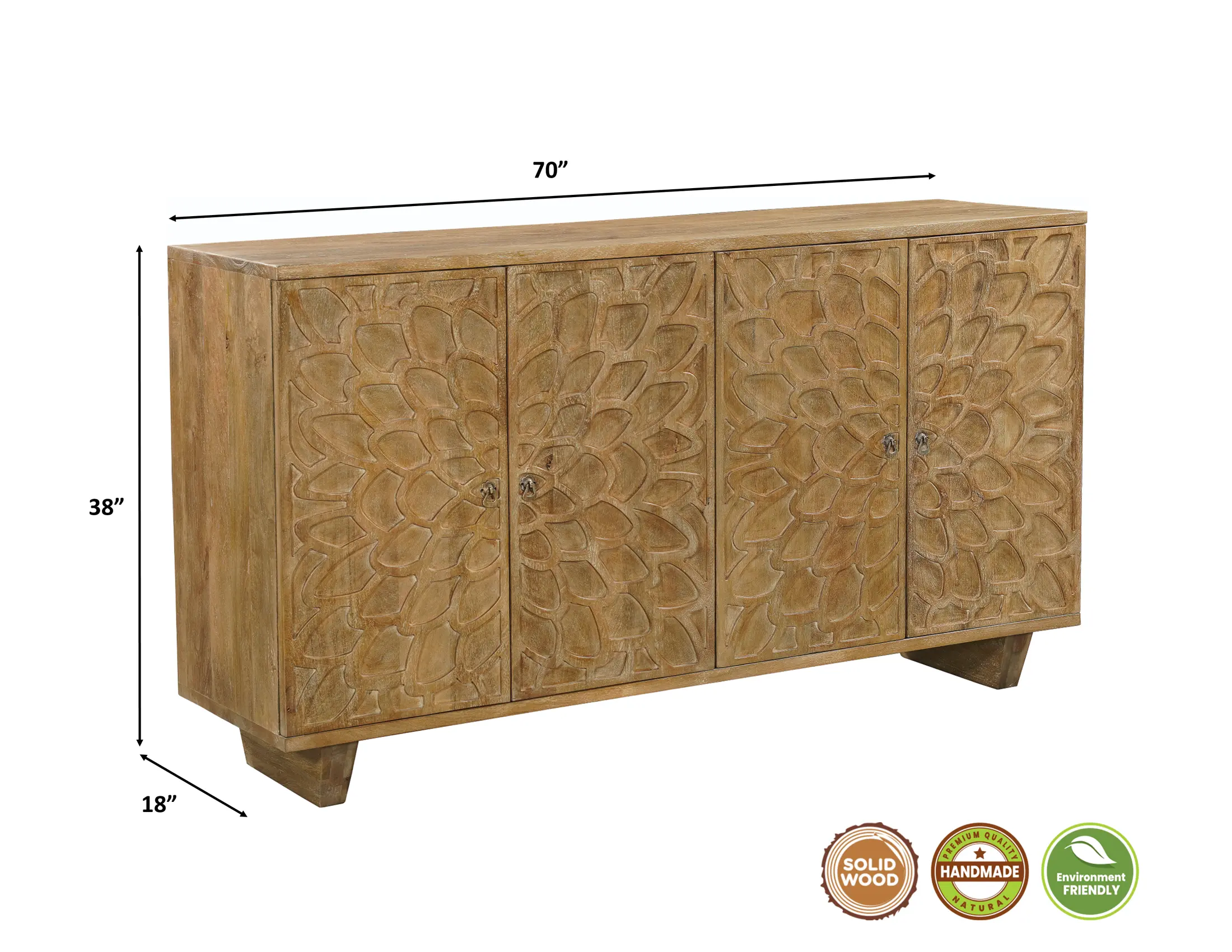 70" Brown Distressed Solid Wood Carved Floral Sideboard with Four Doors Homeroots Kitchen & Dining
