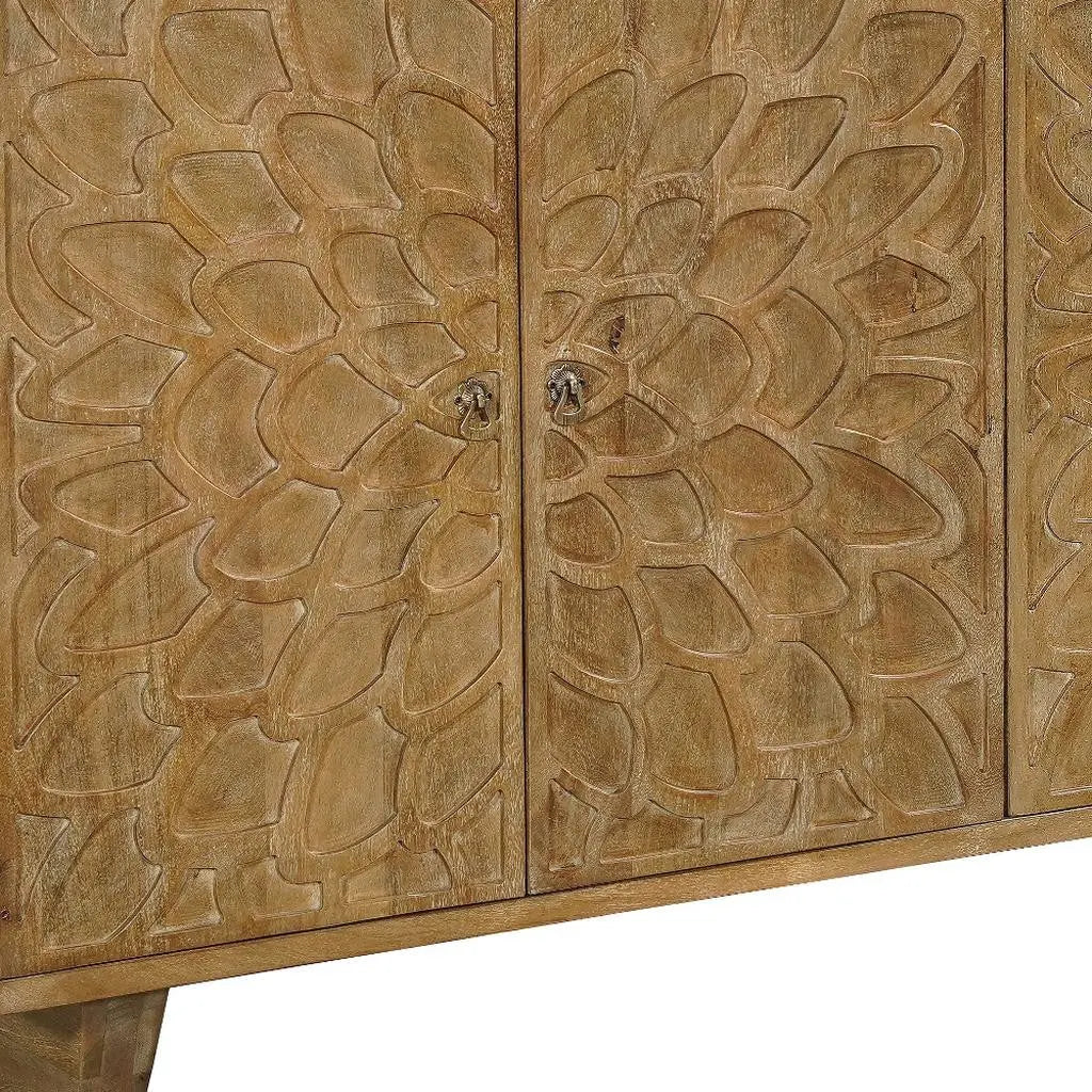 70" Brown Distressed Solid Wood Carved Floral Sideboard with Four Doors Homeroots Kitchen & Dining